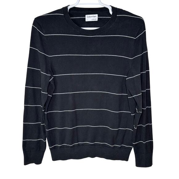 Calvin Klein Men's Medium Sweater Black White‎ Striped Crewneck Knit GUC - Picture 1 of 4